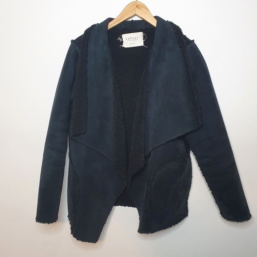 Velvet by Graham & Spencer Faux Velvet Black Sherpa Open Drape Jacket Size M